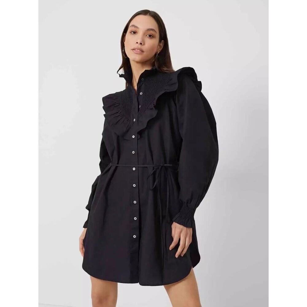 French Connection Cotton Preppy Poplin Smock-Neck Black Ruffle Dress 10 NWOT